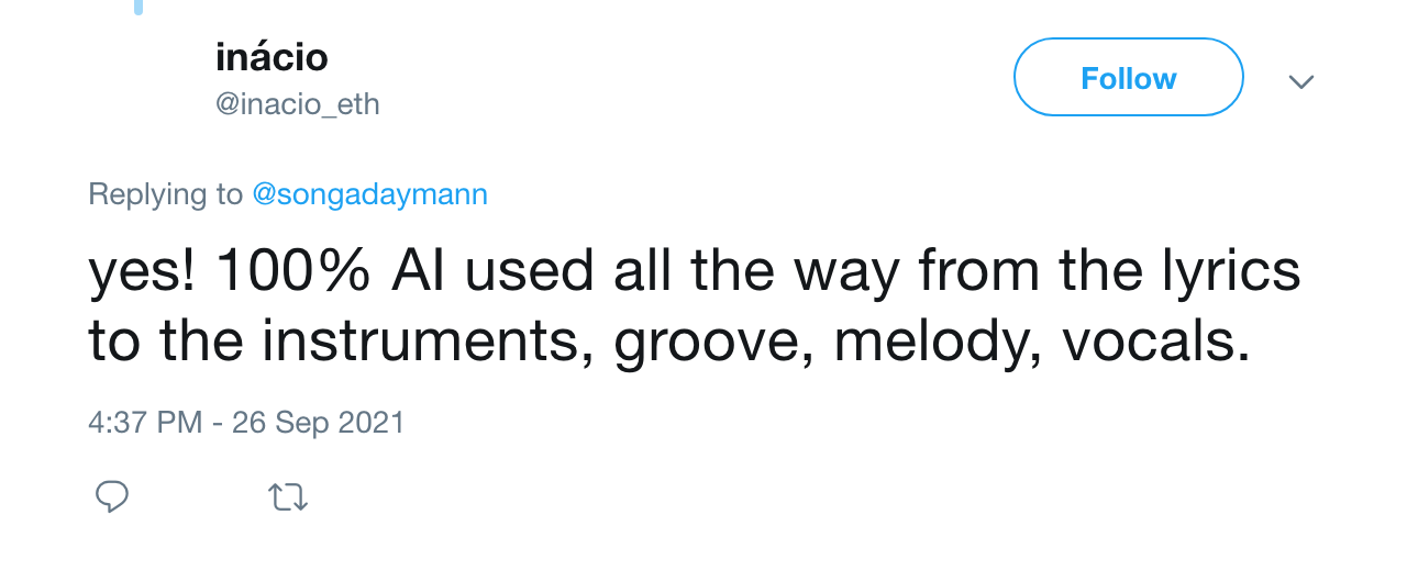 Inácio’s original tweet confirming AI-generated lyrics, instruments, groove, melody and vocals on 26 September 2021.
